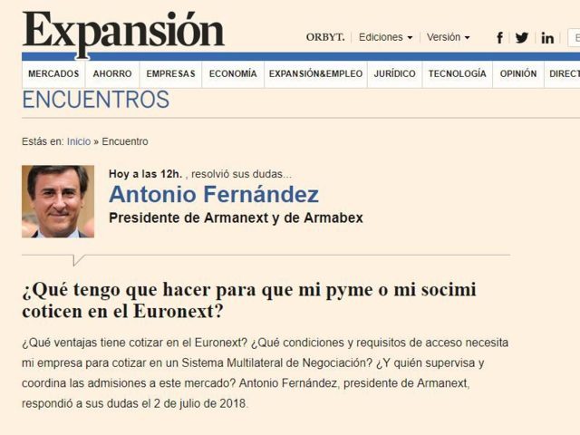 Recorte de periódico Expansión con Antonio Fernández de Armanext
